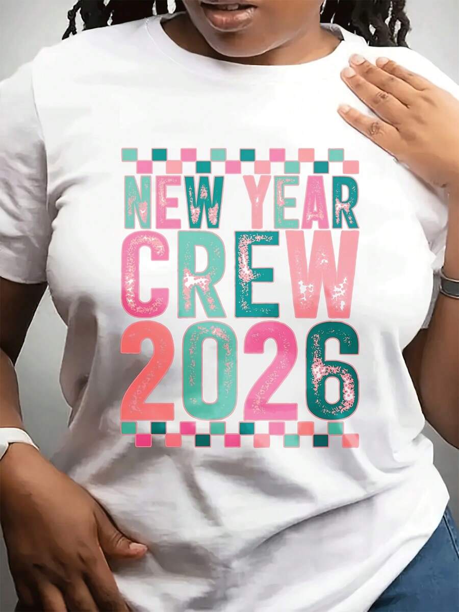 Año Nuevo 2026 Mujeres de cuello redondo moda casual camiseta corta Sve Top para el uso diario y espora, adecuado para amigos y familia, con diseño de impresión festiva