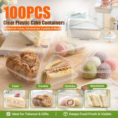 SHINDEL 100pcs Disposable Clear Triangle Cake Boxes, 5.1x 2.8 X 3.9 Inch Cake Containers, Plastic Cake Storage Boxes With Lids, For Party, Bakery, Holiday, Birthday, Kitchens, Valentine'S Day, Restaurants, Picnics, Cakes, Wedding, Cake Shop,Mother's Day Gifts