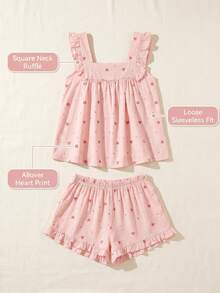 Women's Summer Lounge Set Ruffle Shoulder Strap Tank Tops Drawstring Shorts Sleepwear Sets - Pink - View 7