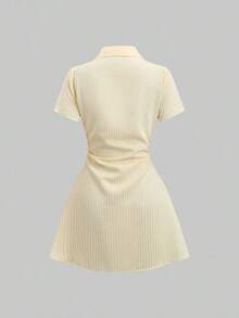 Vestido camisa de manga corta rosa dulce y fresco, diseño de cintura estilizadora, vestido camisero elegante para dama, nueva llegada de verano - Amarillo - Ver 2