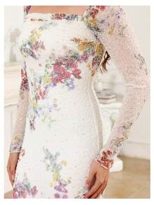 Women's Fitted Sequin Embroidered Floral Print Long Sleeve Dress, Suitable For Weddings, Parties And Other Occasions - White - View 2