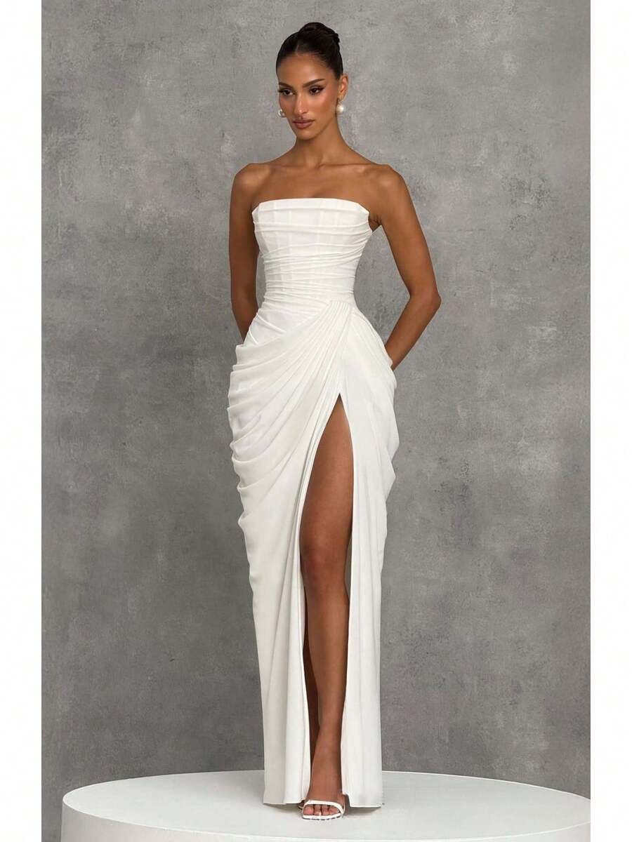 Backless Solid Color Maxi Dress, Women's Strapless Ruched Evening Party Dress - 白色 - 查看 1