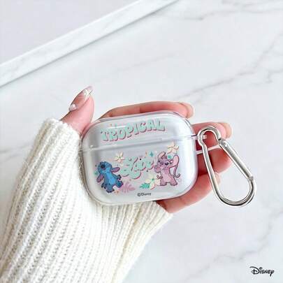 Disney Stitch & Angel Tropical Love Transparente AirPods Pro Hülle, süßes florales transparentes stoßfestes Gehäuse mit Schlüsselanhänger, kompatibel mit AirPods 1/2/3/4 und Pro/Pro 2. Geeignet als Weihnachtsstrumpffüller für die Freundin.