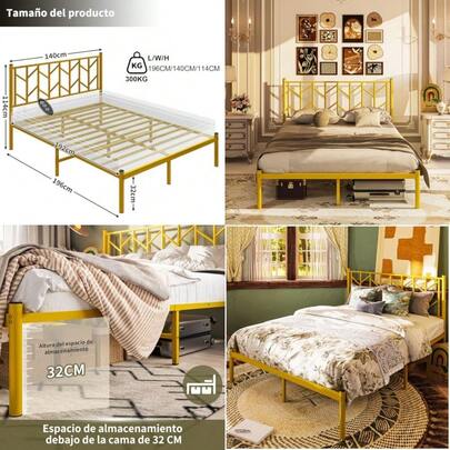 SIMPLE HOGAR Base Cama MatrimonialBase de Cama Matrimonial con Metal Recamara Matrimonial con Cabecero de Metal Bases Cama con Soporte Lamas Metálicas Tamaño es 196*140*114CM. Oro