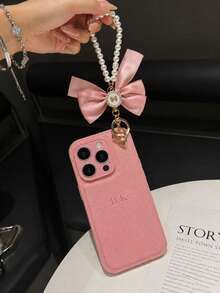 Casing Ponsel Kulit Imitasi Mewah dengan Tekstur Kadal, Huruf Timbul, Mutiara, dan Liontin Pita, Kompatibel dengan Apple 17 16 15 14 13 12 11 Pro Max 14 15 16 Plus 17 Air, Huruf Stempel Panas, Pelindung Lengkap, Aksesori Ponsel Bergaya, Hadiah DIY - Berwarna merah muda - View 2