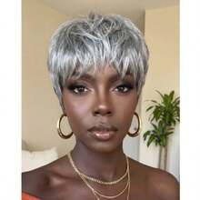 ZHENDEFA Women's Short Grey Human Hair Wig With Bangs, Layered Short Straight Pixie Cut, Brazilian Human Hair, Elastic Mesh Full Machine Woven, Suitable For Holidays, Parties, Daily Wear - SGray - View 7
