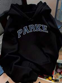 Front-Panel Hoodie - PARKE, Brand Logo Drawstring Casual Hooded Sweatshirt, Suitable For Winter And Autumn, Women's Clothing. - Black - View 6