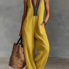 2026 New Summer Women's Simple Linen Blend Sleeveless Design Women's Jumpsuit With Zipper And Stand-Up Collar. Sleeveless Casual Short Jumpsuit Summer, Vacation, Poolside & Weekend Getaways P6WR - Màu vàng - Xem 4