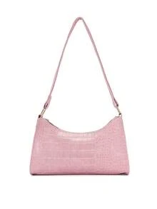 Crocodile Embossed Single Zip Bag - Baby Pink - View 2