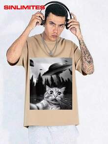 GiftCAT ET Y2K Style Graphic Print Cotton T-Shirt - Soft And Comfortable Crew Neck Short Sleeve Top With Eye-Catching Portrait Print, Hip Hop Streetwear For All Seasons.| Crew Neck T-Shirt| Soft Cotton Shirt - 杏 - 查看 7