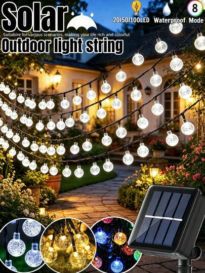 20/50/100 LED Solar Light String, 8 Lighting Modes, IP65 Waterproof, Outdoor Solar Crystal Ball Light String, Suitable For Gardens, Courtyards, Parties, Weddings, Houses, Balconies, Holiday Decorations, Intelligent Light Sensing, No Electricity Cost, Creating A Dream Home