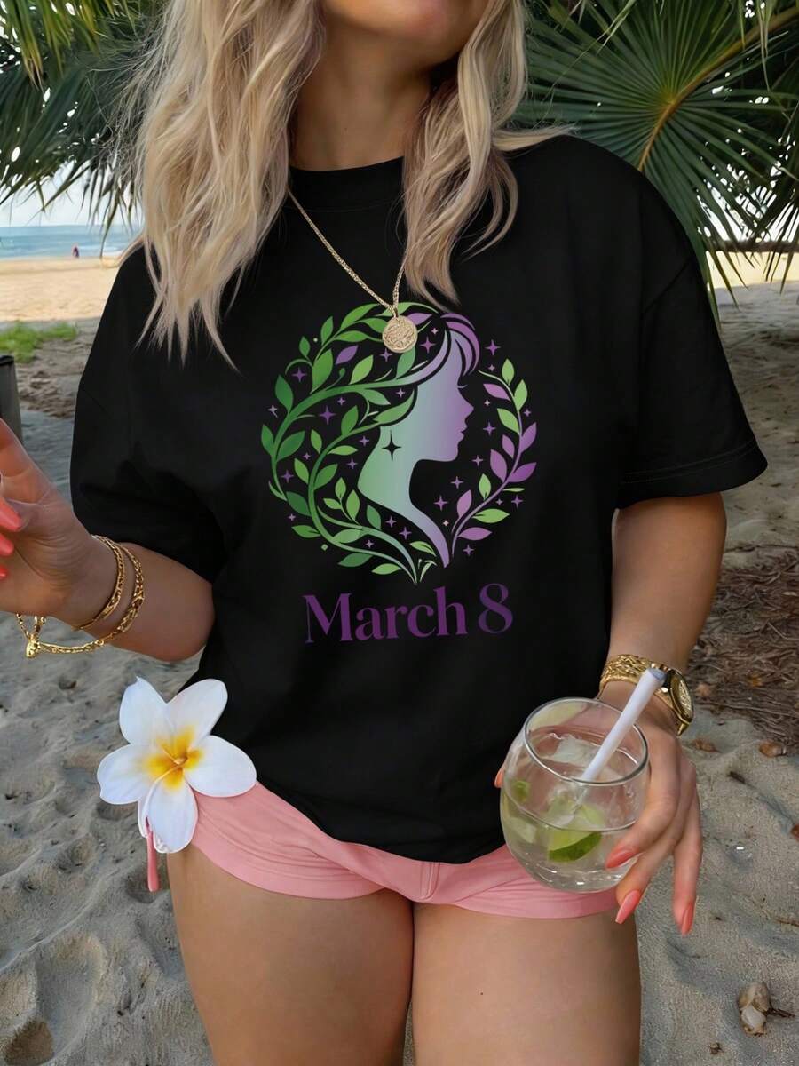 1pc más tamaño de la mujer de verano ropa-suelto ajuste, 8 de marzo Silueta hoja estrella gráfica camiseta, ropa elegante de la mujer, cuello redondo manga corta, casual y de moda superior, adecuado para las fiestas, regalos de vacaciones, ropa diaria y ropa de salón