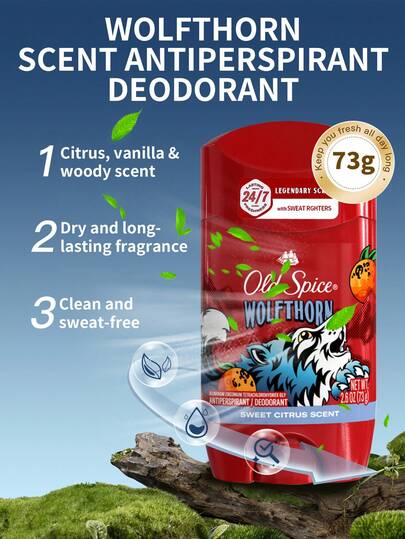  Antyperspirant w sprayu Old Spice Wolfthorn, 1 butelka, 73 g, długotrwały zapach, łatwa aplikacja, suchy i czysty zapach, dezodorant do pielęgnacji ciała odpowiedni dla mężczyzn do codziennych dojazdów do pracy i aktywności na świeżym powietrzu