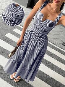PariChic Vestido de mujer con cuello en V, diseño de rayas y cruce cruzado - Azul y blanco - Ver 3