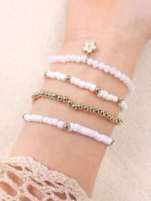 4pcs White Rice Bead Bracelet, Stylish And Simple Stretch Elastic Bracelet For Girls - 白色 2 - 查看 2