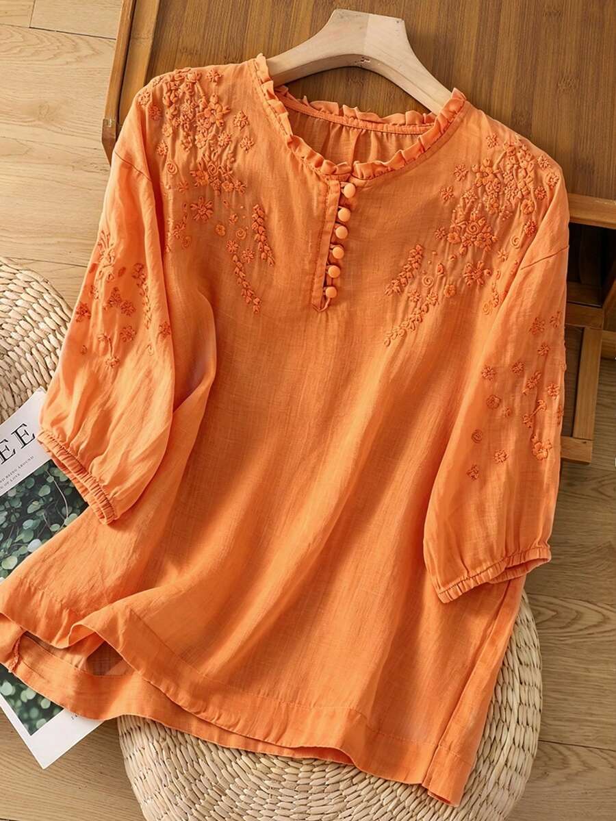 Women's Casual Embroidered Loose Bohemian Retro Mid-Sleeve Blouse, Solid Color, Summer/Autumn - Orange - View 1