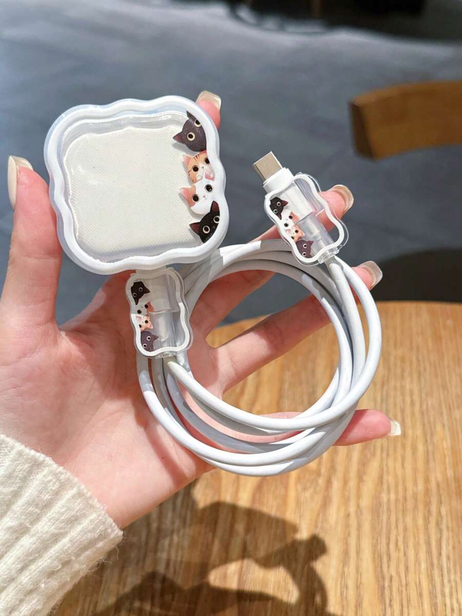 3pcs/Set Data Cable Charger Protector Case, 4 Cute Cat Patterns, Suitable For 20W UK Standard Apple Fast Charger - Multicolor - View 1