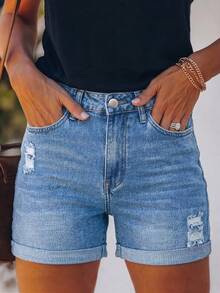 Quần short denim nữ dáng suông, ôm sát, rách gấu, kiểu dáng mới, phong cách xuyên biên giới châu Âu và Mỹ, thích hợp cho mùa hè. - Rửa trung bình - Xem 3