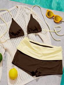 Women's Swimsuit Bikini,Brown Yellow Bikini Casual Pilates Set Beachwear/Gym Swimshorts Going Out Outfits/Casual/Y2k/Streetwear/Vacation Summer Outfit - Brownish-yellow - View 8