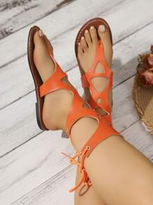Women's Summer New High-Top Open Toe Lace-Up Design Hollow Out Rivet Inlaid Comfortable Fashion Casual Roman Sandals - Orange - View 7