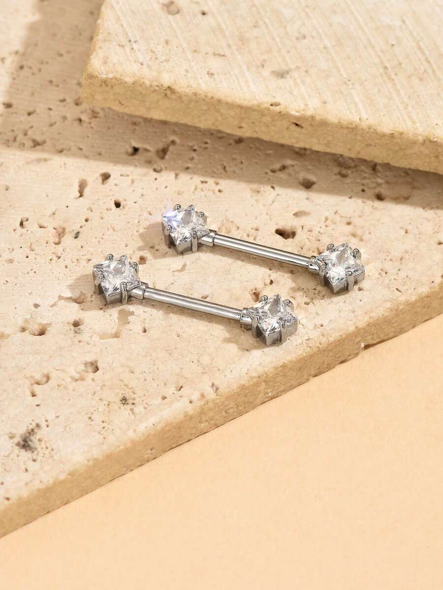 2 chiếc khuyên núm vú 14G kiểu cắt Princess kép, khuyên núm vú bằng đá Cubic Zirconia trong suốt sáng bóng, làm bằng thép không gỉ 316L, không gây dị ứng, thích hợp để đeo hàng ngày. - Thanh vá lốp 2 mảnh - Xem 1