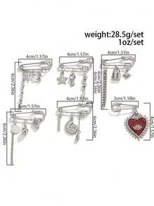 6pcs Vintage Gothic Fashion Casual Multi-Element Pendant Brooch Set, Including Metal Rivets, Keyhole, Starburst, Heart, Chain Tassel Lapel Pins, Suitable As Jacket, Shirt, Sweater, Scarf, Dress Jewelry Accessories, Ideal For Women's Daily Wear And Commute, Holiday Gift - Silver - View 9