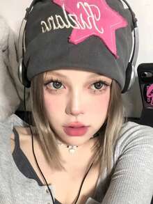 Mũ len kiểu Mỹ cổ điển dễ thương với họa tiết ngôi sao màu hồng thêu chữ, rất tôn dáng cho nữ. - A - Xem 3