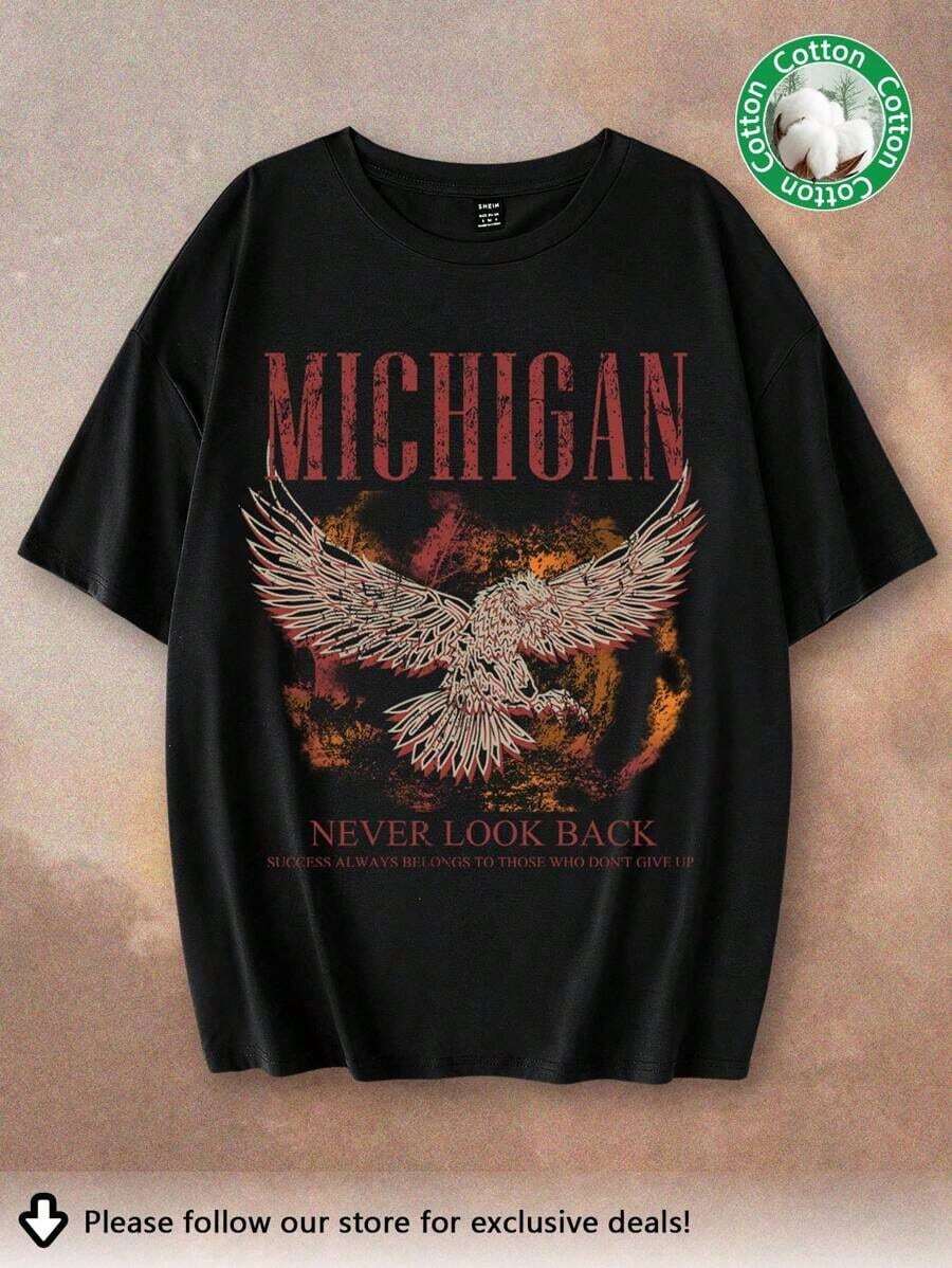 Camiseta de manga corta de ajuste holgado con cuello redondo y estampado de águila en estilo casual para mujer, adecuada para el verano - Negro - Ver 1