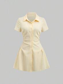 Vestido camisa de manga corta rosa dulce y fresco, diseño de cintura estilizadora, vestido camisero elegante para dama, nueva llegada de verano - Amarillo - Ver 1