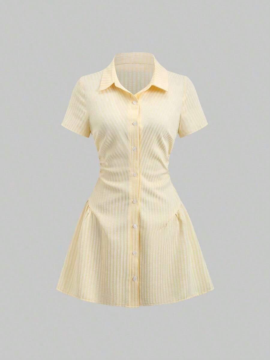 Vestido camisa de manga corta rosa dulce y fresco, diseño de cintura estilizadora, vestido camisero elegante para dama, nueva llegada de verano - Amarillo - Ver 1