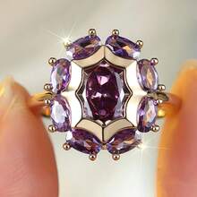 Vanel 1pc Elegant Gold-Tone Purple Cubic Zirconia Halo Ring, Delicate Floral Cluster Ring, Fashionable Jewelry For Women, Suitable For Daily Wear And Parties - Golden-purple - View 1