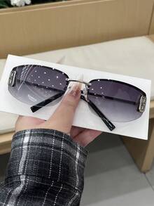 1 Pasang Kacamata Fashion Wanita Model Cat Eye Warna Perak dengan Bingkai Semi-Rimless dan Kaki Logam, Lensa Gradien Berongga, Gaya Jalanan Y2K - Bingkai perak, abu-abu ganda - View 2