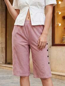 Womens Bermuda Shorts Striped Casual Stylish Decorative Side Button Straight-leg Mid Rise Shorts for Summer - Rojo - Ver 2