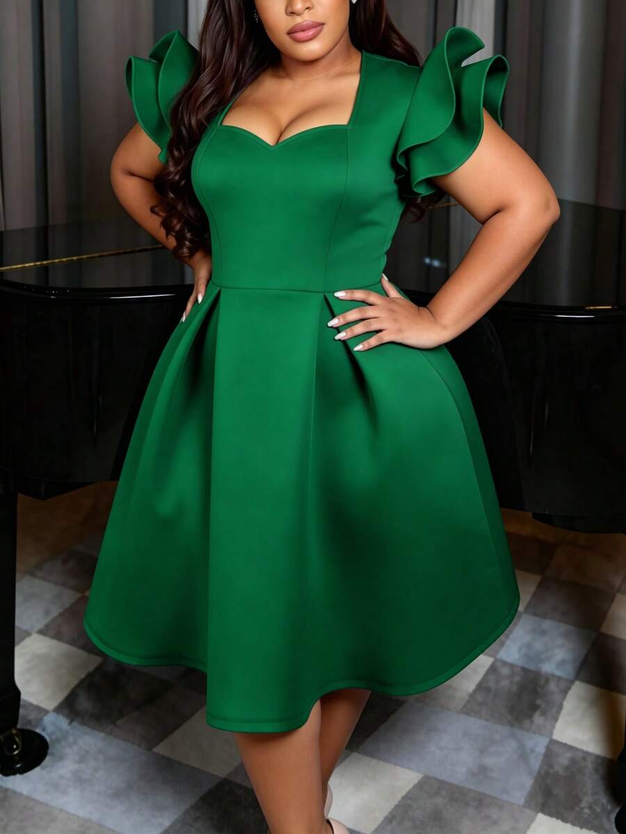 Elegant Green Plus Size A-Line Midi Dress, Heart Neckline Ruffle Short Sleeve, Suitable For Formal Occasions & Summer Parties - Green - View 1