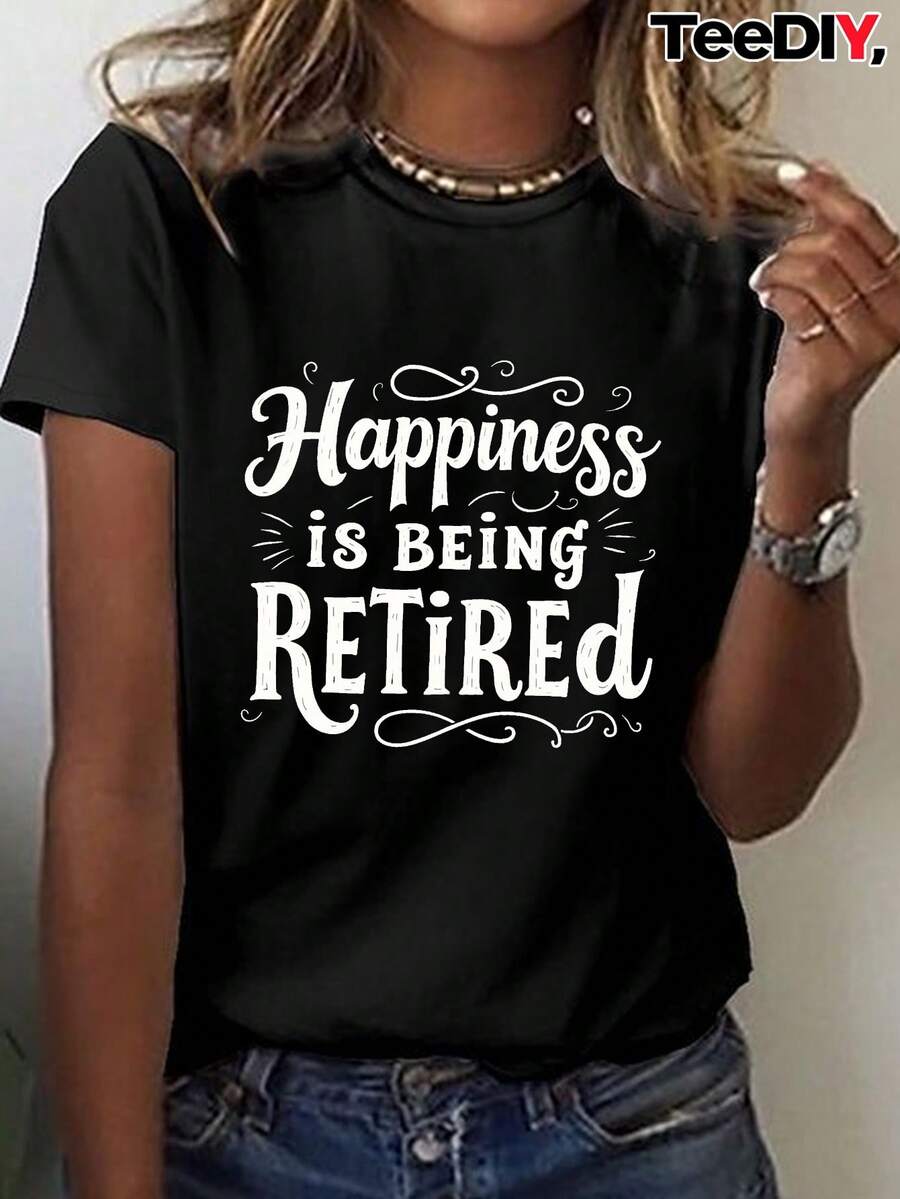 Women's Retirement Gift T-Shirt | "Happiness Retires" Font Design - Soft Casual Style - Black Background With White Letters - Casual Retirement Party Outfit - Machine Washable Top - 黑色 - 查看 1