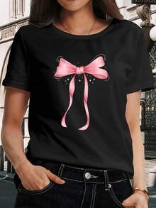 Women's Pink Bow T-Shirt - Short Sleeve Loose Opaque Top With Appliquéd Bow, Crew Neck Casual Blouse For Spring/Summer/Autumn, Cute And Casual, Machine Washable T-Shirt - 黑色 - 查看 1
