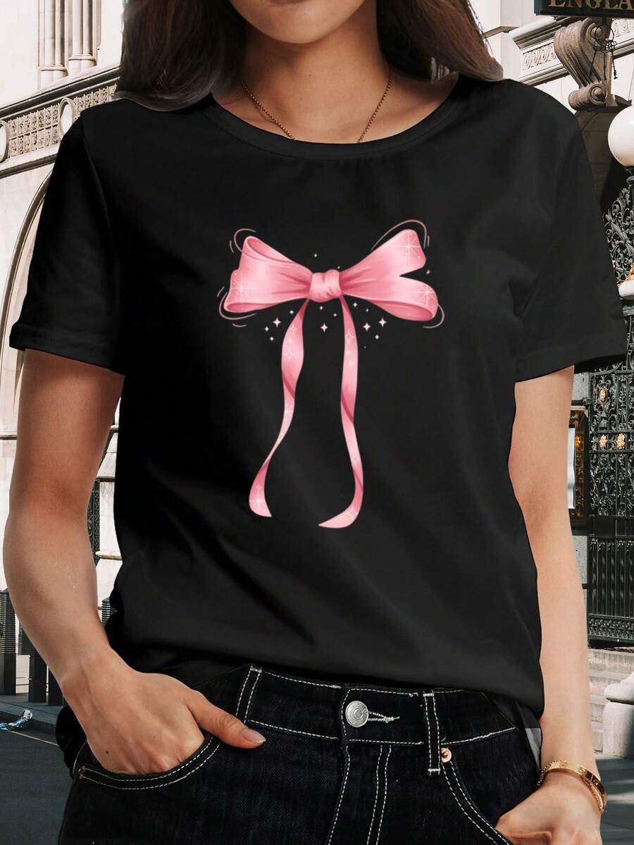 Women's Pink Bow T-Shirt - Short Sleeve Loose Opaque Top With Appliquéd Bow, Crew Neck Casual Blouse For Spring/Summer/Autumn, Cute And Casual, Machine Washable T-Shirt - 黑色 - 查看 1