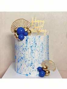 27件波希米亞風藍金蛋糕裝飾，金藍泡沫球蛋糕插牌，生日快樂蛋糕插牌，適用於婚禮、生日、洗禮、男性生日蛋糕裝飾（請搭配白色插棒與托盤使用） - 彩色 - 查看 5