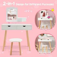 COSTWAY Kids Vanity Set, Pretend Play Makeup Dressing Table & Stool Set With Rectangular Mirror & Drawers, 2-In-1 Detachable Design With Dressing Table & Writing Desk, White - White - View 7