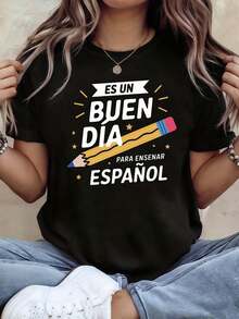 Camiseta temática de enseñanza de español de mujeres - Decoración de lápiz y eslogan de dibujos animados, manga corta casual, blanco-amarillo-azul, estilo de profesor animado, cómodo top diario para la enseñanza de español, vestir de primavera / verano - Negro - Ver 2