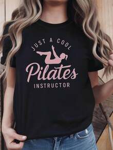 Women's Instructor T-Shirt - Pose And Slogan With Iconic Exercises, Short Sleeve Casual Top Suitable For Studio, Teaching, Casual Wear, Professional Wear, Spring/Summer Wear, Machine Washable - 黑色 - 查看 1