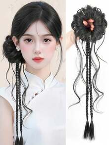 Tóc giả búi râu rồng buộc bên hông kiểu 16 inch, băng đô cài tóc kiểu Hanfu, búi tóc sườn xám, tóc giả hình nụ hoa với bím tóc xoắn kiểu đấm bốc. - Nhiều màu - Xem 8