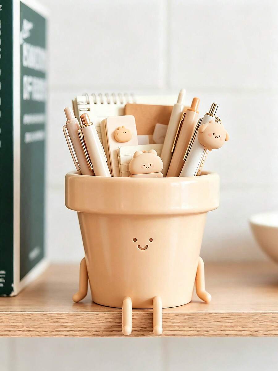 Cute Cartoon Face Large Capacity Pen Holder - Desk Organizer. Holds Pens, Markers, And Stationery. Portable Design, Suitable For Students And Office Workers. Off-White Color With A Playful Smiling Face Print. Office Supplies And Accessories, Desk Accessories, Desktop Accessories. - A - View 1