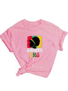 Comfortable Chic Women T-Shirt 'Juneteenth 1865 Emancipation Day Text' Alphabet Logo Printed Casual, Comfortable, Versatile Summer Y Simple Round Neck - 粉色 - 查看 7