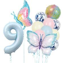 10件組蝴蝶主題生日氣球套組，藍色1-9數字鋁箔氣球，粉色與藍色亮片乳膠氣球，適合蝴蝶主題生日派對與嬰兒洗禮裝飾 - 蝴蝶氣球套裝 - 查看 10