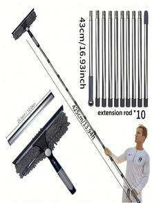 1 Set Of 2-In-1 Window Cleaning Brush And Scraper Set With Stainless Steel Pole, Reusable Scraper Brush For Outdoor, Glass And Window Cleaning, Including Multiple Components And Chenilla, Professional Cleaning Set For Indoor And Outdoor Cleaning - 2-in-1 Glass Brush - View 2