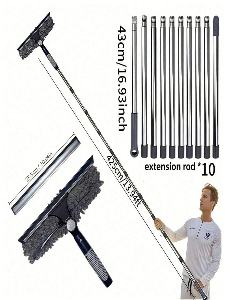 1 Set Of 2-In-1 Window Cleaning Brush And Scraper Set With Stainless Steel Pole, Reusable Scraper Brush For Outdoor, Glass And Window Cleaning, Including Multiple Components And Chenilla, Professional Cleaning Set For Indoor And Outdoor Cleaning