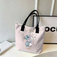 Miniso Disney Stitch & Angel "Cuddle Me Happy" Canvas Tote Bag, Pink Pastel Shoulder Bag For Daily Use - Black - View 1