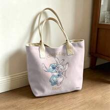 Miniso Disney Stitch & Angel "Cuddle Me Happy" Canvas Tote Bag, Pink Pastel Shoulder Bag For Daily Use - Black - View 3