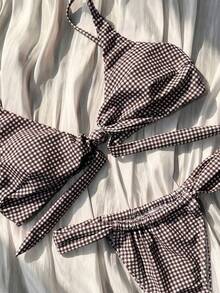 Women's Summer Vacation Swimwear Series, Red & White Plaid Bow Tie Strap Triangle Bikini Two Pieces Set, Sweet Girl Bikini Suit Beach Black - Black - View 5